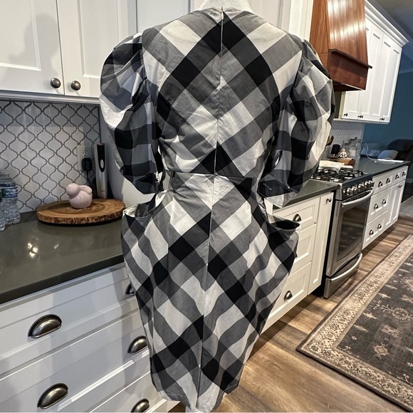 Burberry London Blue Label Black White Plaid Puff Sleeve Silk Pencil Dress 38 S - Picture 3 of 16